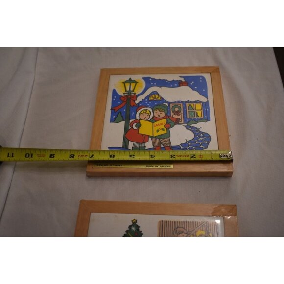 2 Vintage Christmas Ceramic Tile Santa & Carolers Wood Frame Hanging Trivets - Picture 4 of 4